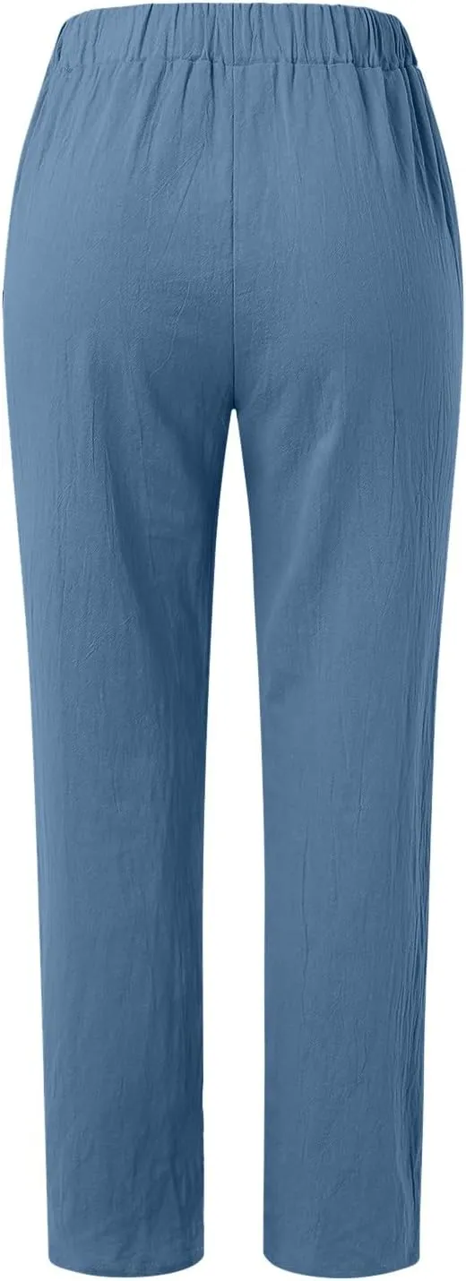 Striped Linen Pants Women Vintage Striped Print High Elastic Waist Wide Leg Capri Beach Palazzo Pants with Pockets