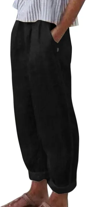 Striped Linen Pants Women Vintage Striped Print High Elastic Waist Wide Leg Capri Beach Palazzo Pants with Pockets