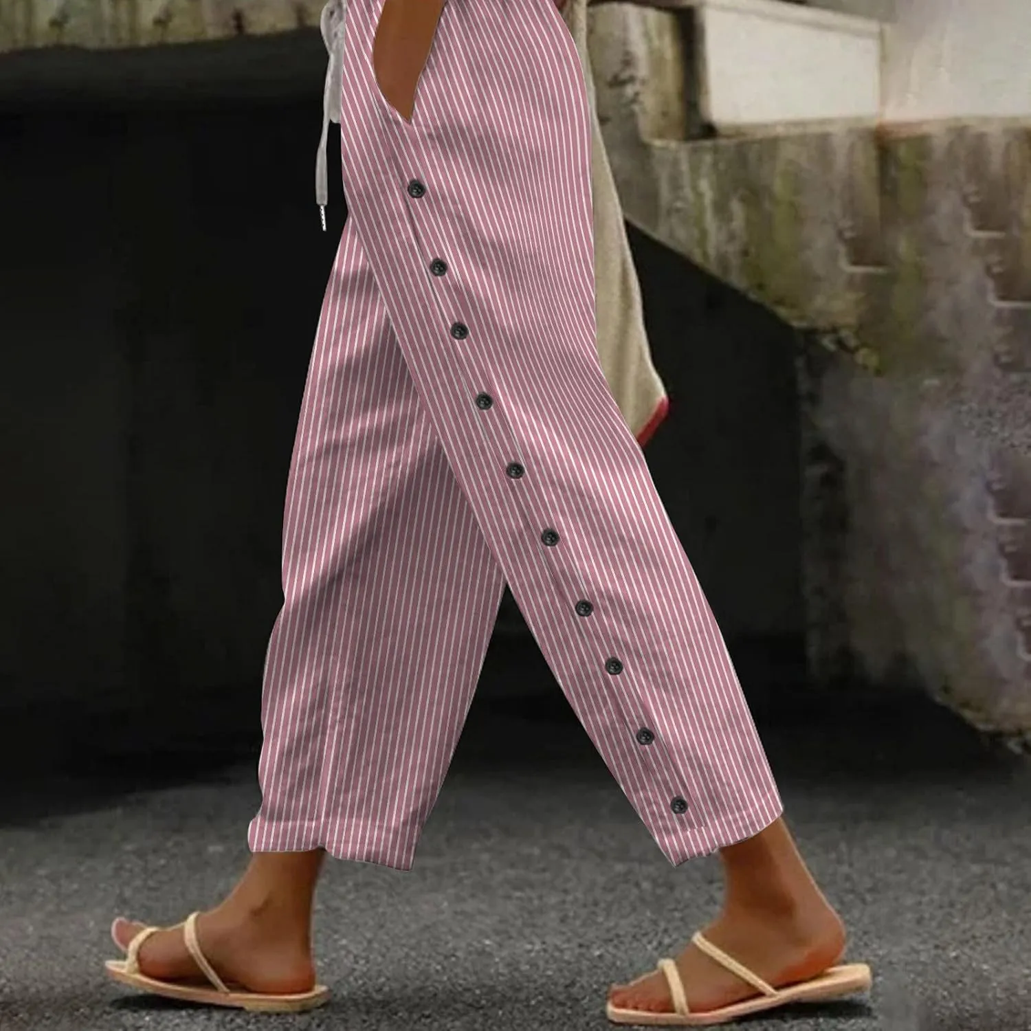 Striped Linen Pants Women Vintage Striped Print High Elastic Waist Wide Leg Capri Beach Palazzo Pants with Pockets