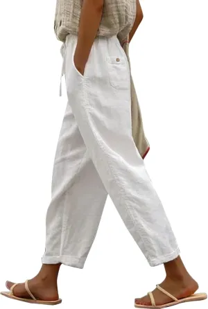 Striped Linen Pants Women Vintage Striped Print High Elastic Waist Wide Leg Capri Beach Palazzo Pants with Pockets