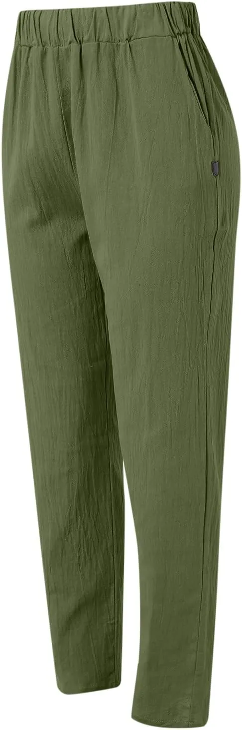 Striped Linen Pants Women Vintage Striped Print High Elastic Waist Wide Leg Capri Beach Palazzo Pants with Pockets