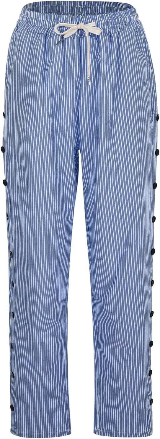 Striped Linen Pants Women Vintage Striped Print High Elastic Waist Wide Leg Capri Beach Palazzo Pants with Pockets