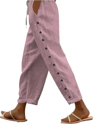Striped Linen Pants Women Vintage Striped Print High Elastic Waist Wide Leg Capri Beach Palazzo Pants with Pockets