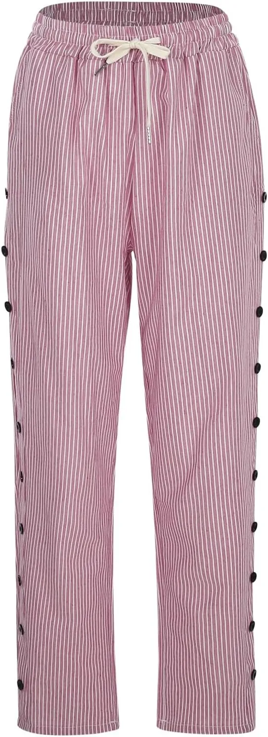 Striped Linen Pants Women Vintage Striped Print High Elastic Waist Wide Leg Capri Beach Palazzo Pants with Pockets