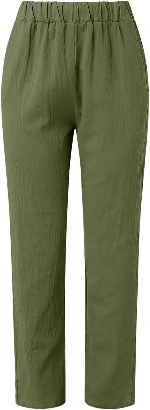 Striped Linen Pants Women Vintage Striped Print High Elastic Waist Wide Leg Capri Beach Palazzo Pants with Pockets