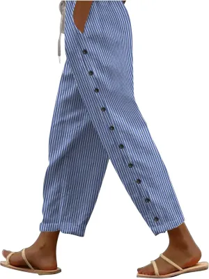 Striped Linen Pants Women Vintage Striped Print High Elastic Waist Wide Leg Capri Beach Palazzo Pants with Pockets