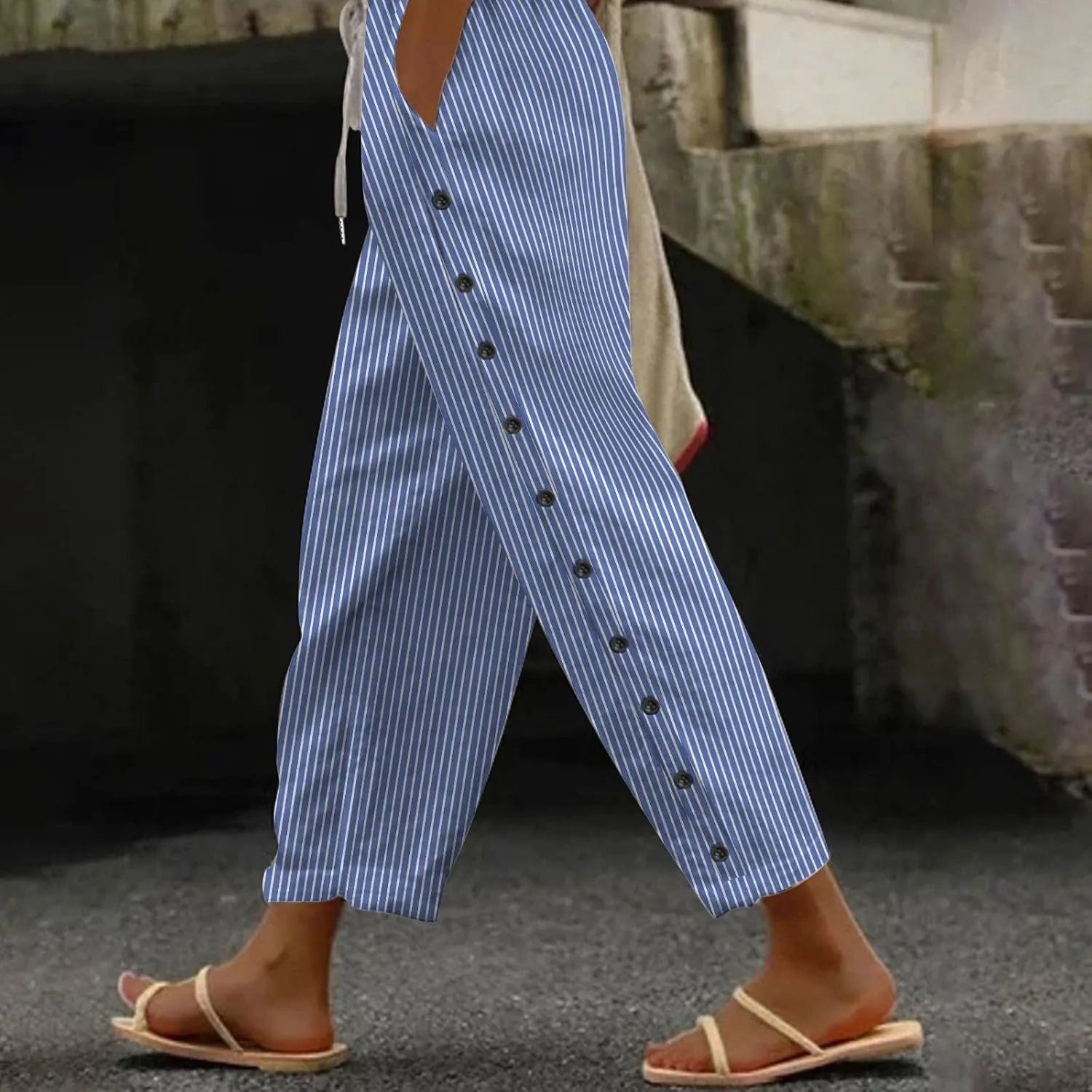 Striped Linen Pants Women Vintage Striped Print High Elastic Waist Wide Leg Capri Beach Palazzo Pants with Pockets