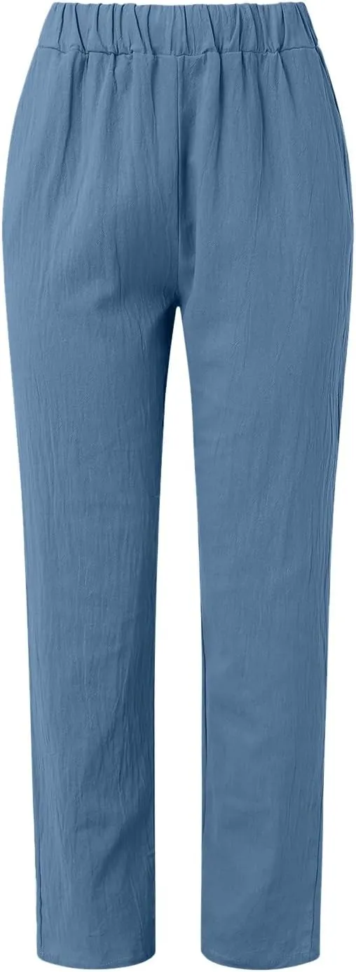Striped Linen Pants Women Vintage Striped Print High Elastic Waist Wide Leg Capri Beach Palazzo Pants with Pockets
