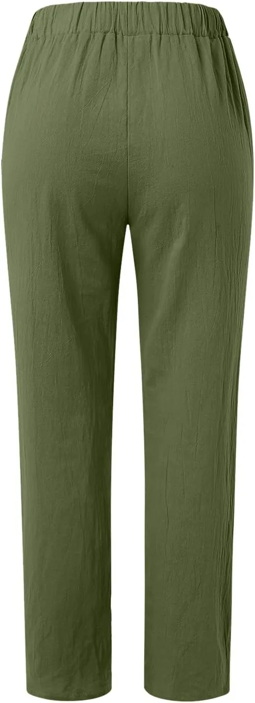Striped Linen Pants Women Vintage Striped Print High Elastic Waist Wide Leg Capri Beach Palazzo Pants with Pockets