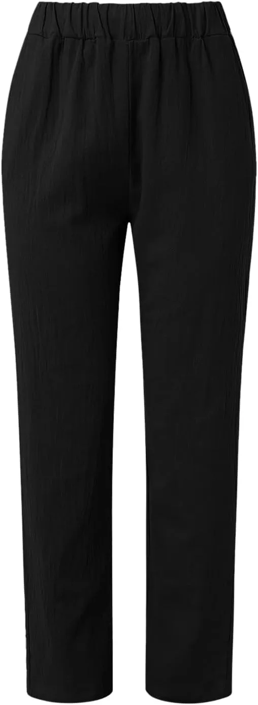 Striped Linen Pants Women Vintage Striped Print High Elastic Waist Wide Leg Capri Beach Palazzo Pants with Pockets