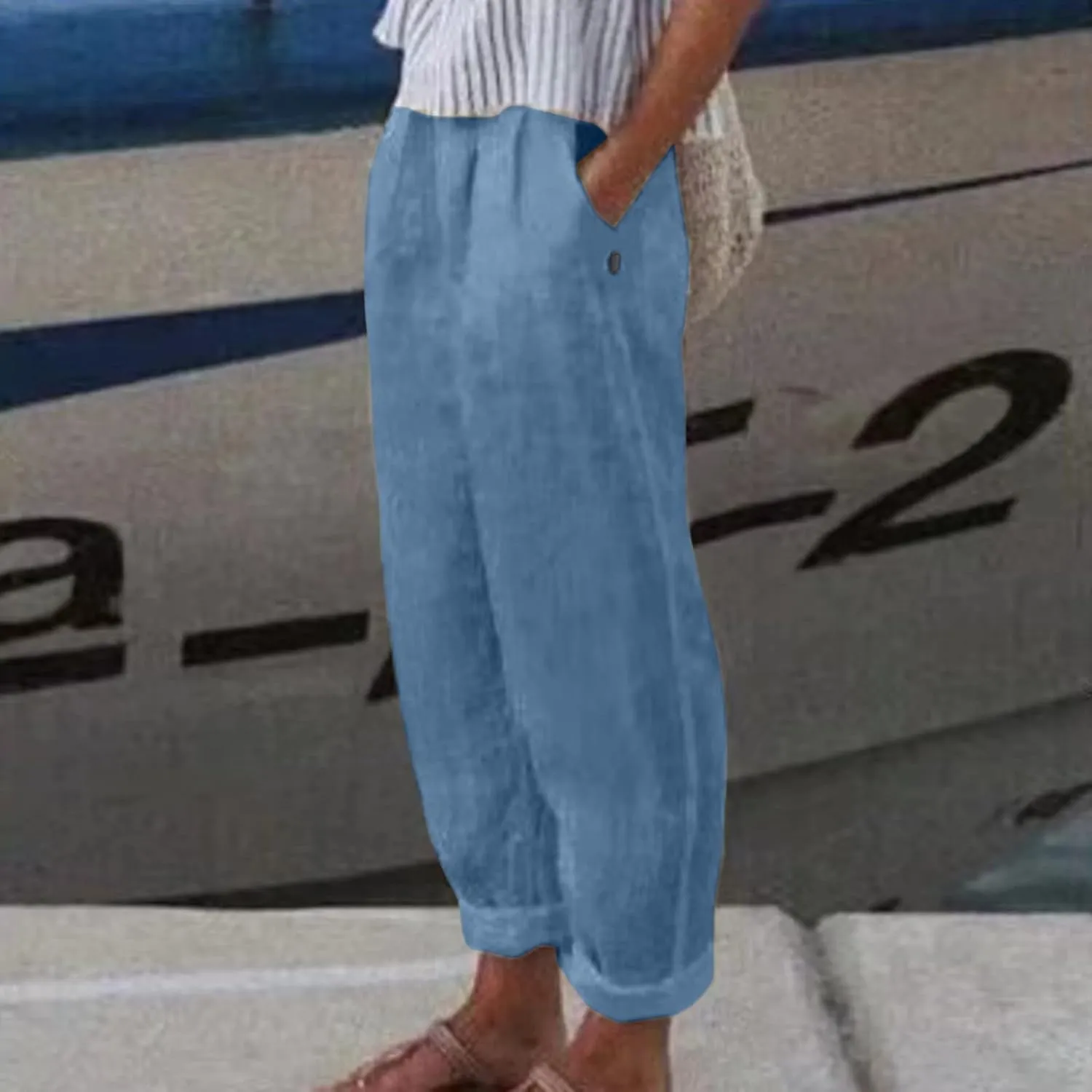 Striped Linen Pants Women Vintage Striped Print High Elastic Waist Wide Leg Capri Beach Palazzo Pants with Pockets