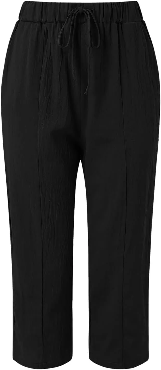 Striped Linen Pants Women Vintage Striped Print High Elastic Waist Wide Leg Capri Beach Palazzo Pants with Pockets