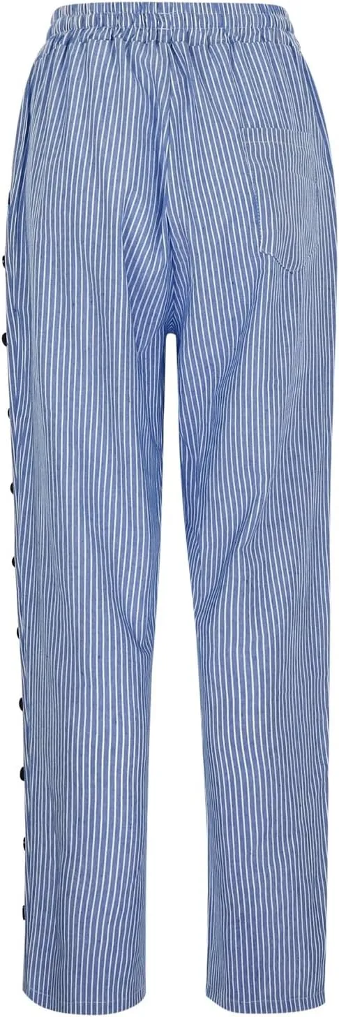 Striped Linen Pants Women Vintage Striped Print High Elastic Waist Wide Leg Capri Beach Palazzo Pants with Pockets