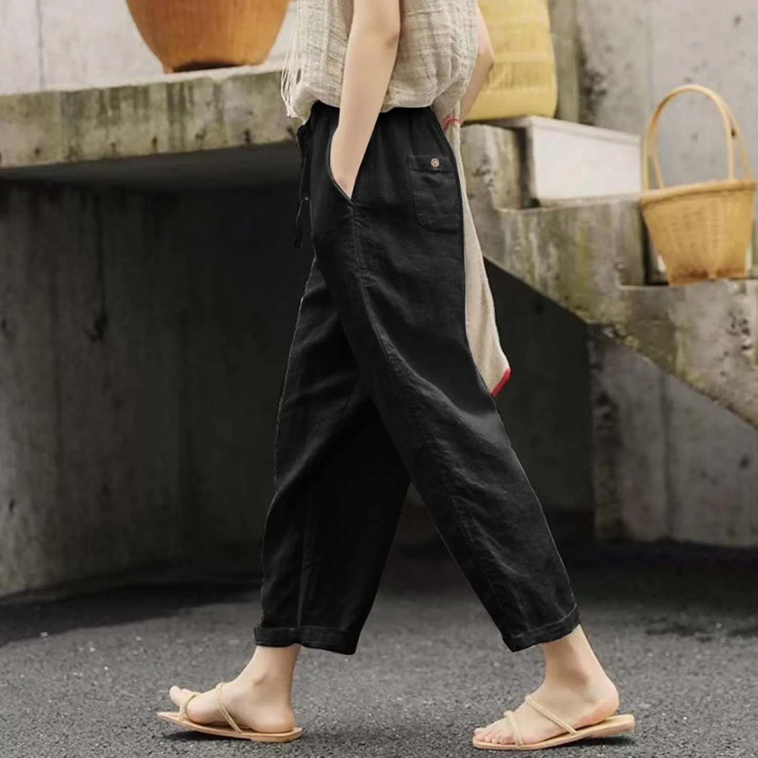 Striped Linen Pants Women Vintage Striped Print High Elastic Waist Wide Leg Capri Beach Palazzo Pants with Pockets