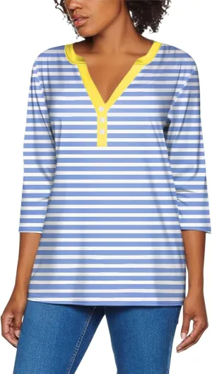 Striped Shirt Women Oversized Color Block Long Sleeve Sweatshirt Pullover Slim Henley Collar Tops Blouse Basic Tee