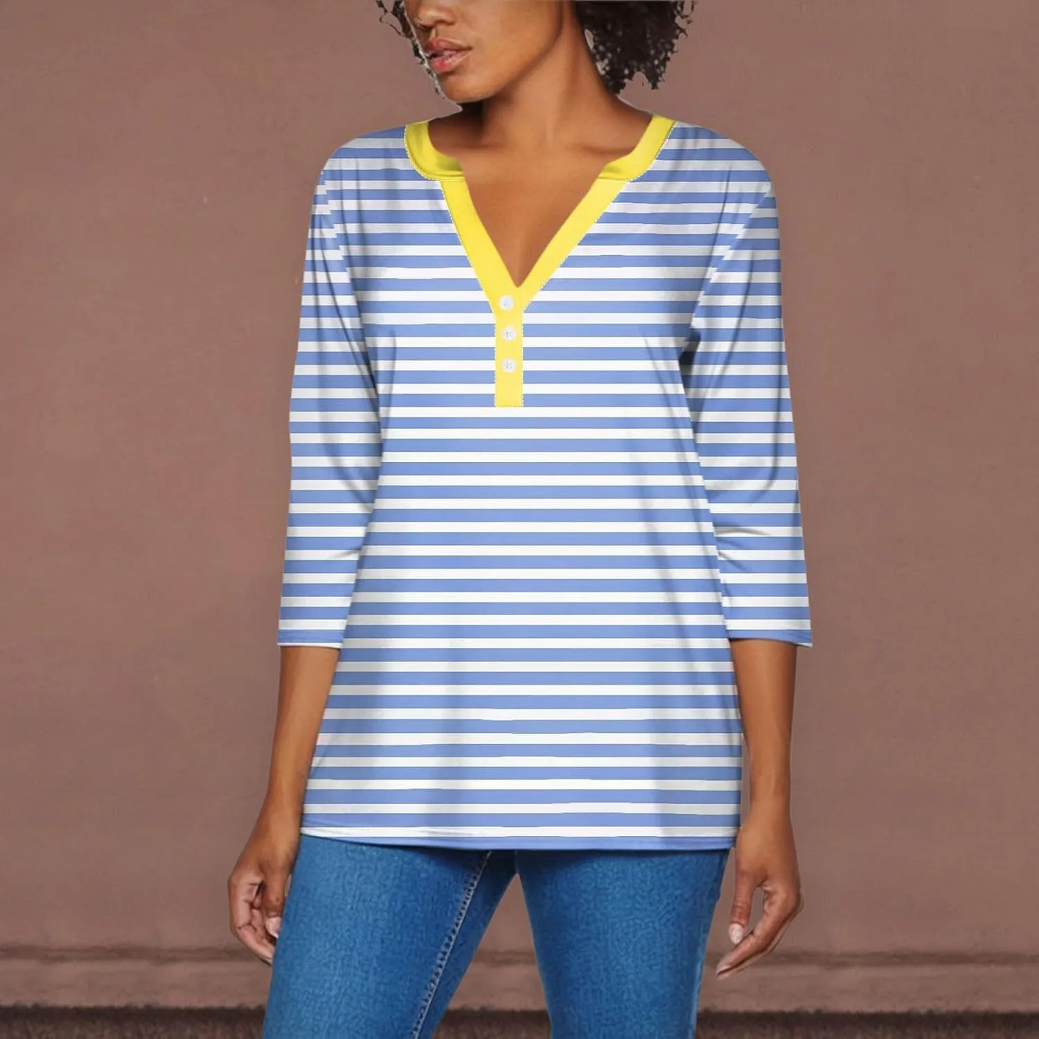 Striped Shirt Women Oversized Color Block Long Sleeve Sweatshirt Pullover Slim Henley Collar Tops Blouse Basic Tee