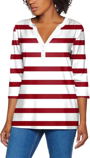 Striped Shirt Women Oversized Color Block Long Sleeve Sweatshirt Pullover Slim Henley Collar Tops Blouse Basic Tee