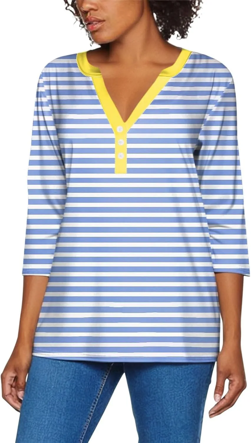 Striped Shirt Women Oversized Color Block Long Sleeve Sweatshirt Pullover Slim Henley Collar Tops Blouse Basic Tee