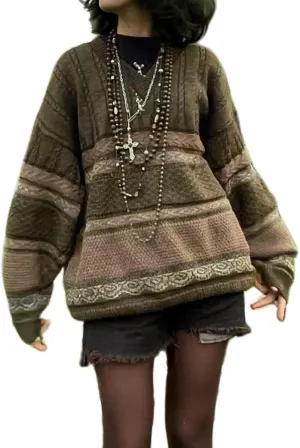 Striped Sweater Women y2k Grandpa Sweater Striped Sweatshirt Pullover Oversize Vintage Sweater Knitted Long Sleeve Tops