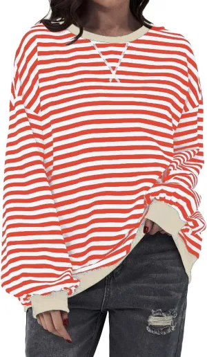 Striped Sweatshirt Women Oversized Striped Color Block Long Sleeve Crew Shirt Women Casual Loose Pullover hirt Top