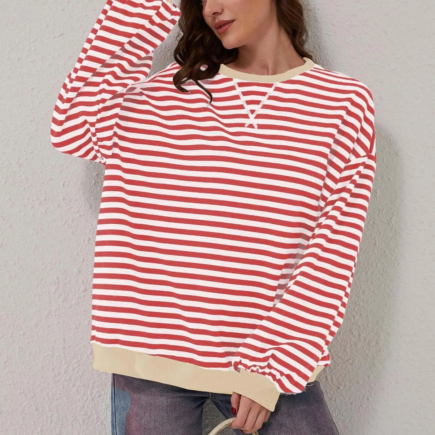 Striped Sweatshirt Women Oversized Striped Color Block Long Sleeve Crew Shirt Women Casual Loose Pullover hirt Top