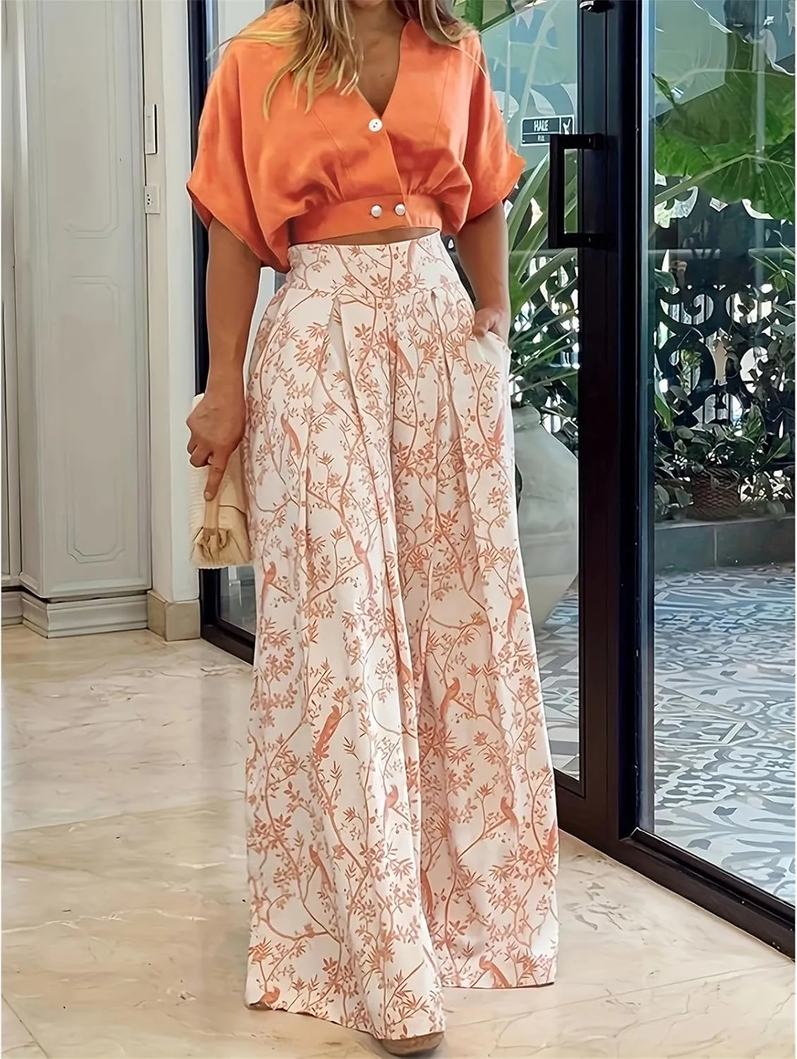 Summer 2 Piece Sets for Women Dressy Short Sleeve V Neck Tops Floral Print Wide Leg Pants Lounge Sets