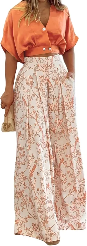 Summer 2 Piece Sets for Women Dressy Short Sleeve V Neck Tops Floral Print Wide Leg Pants Lounge Sets
