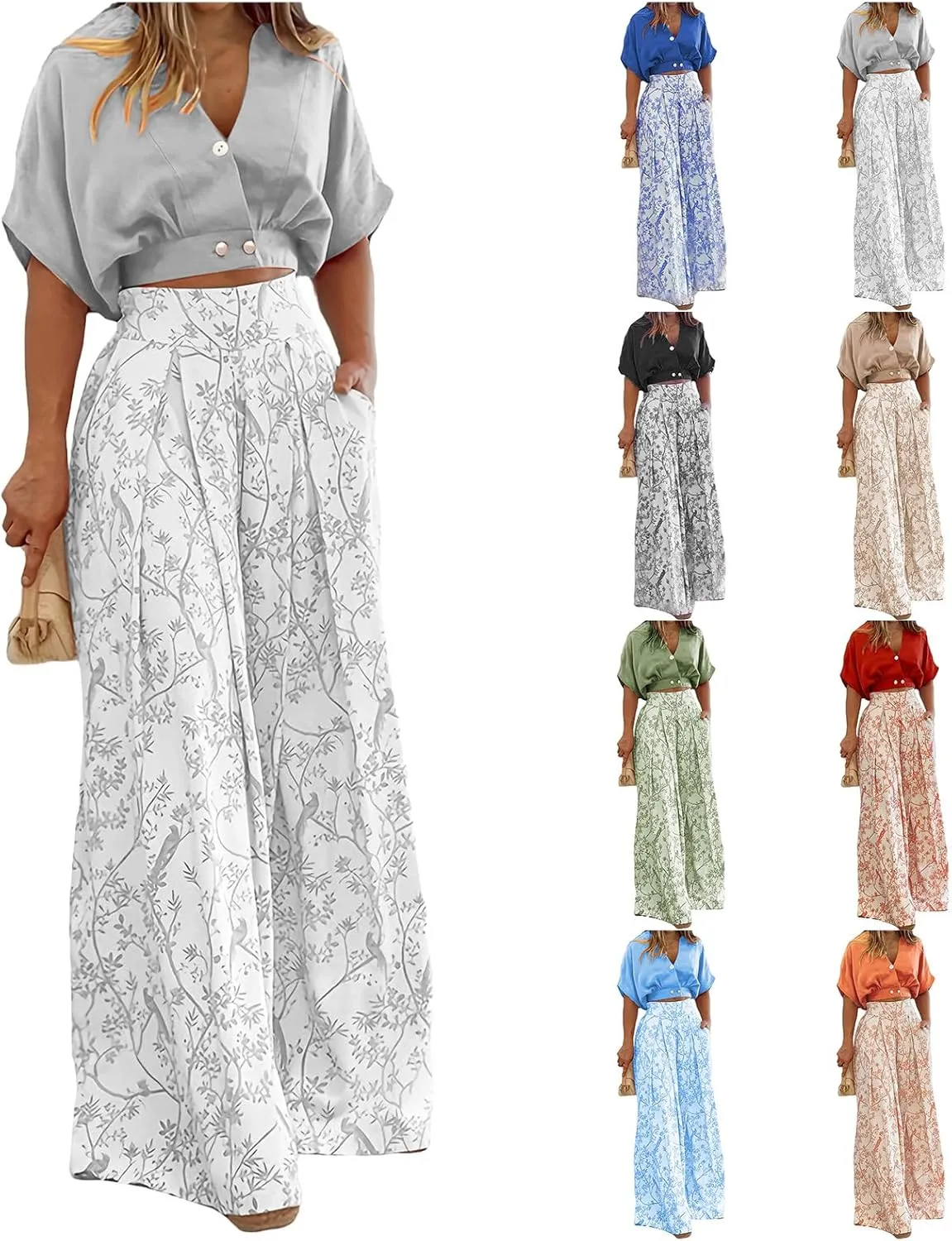Summer 2 Piece Sets for Women Dressy Short Sleeve V Neck Tops Floral Print Wide Leg Pants Lounge Sets