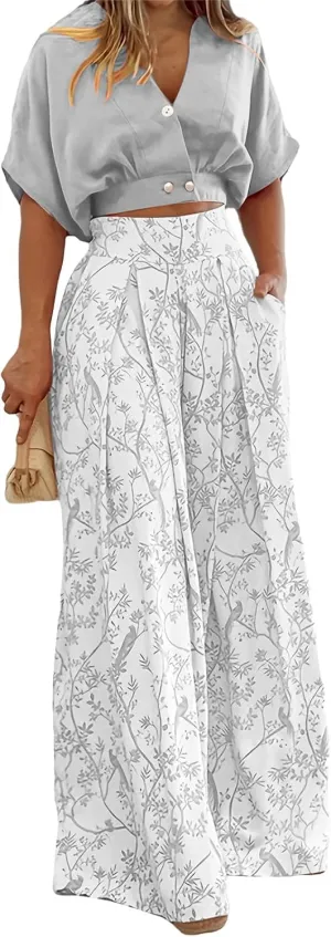 Summer 2 Piece Sets for Women Dressy Short Sleeve V Neck Tops Floral Print Wide Leg Pants Lounge Sets