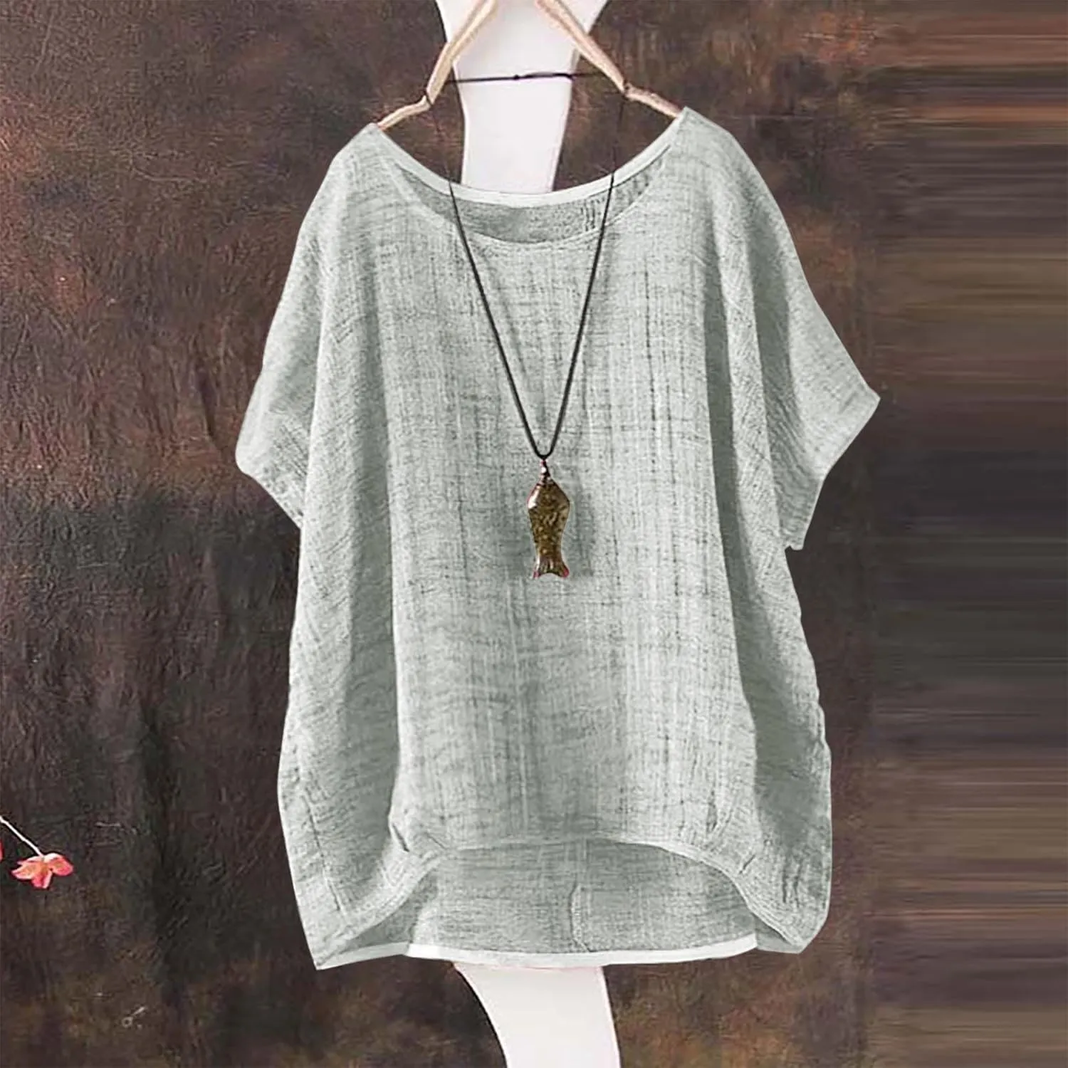 Summer Cotton Linen Shirts for Women Crewneck Short Sleeve Lightweight Tee Top Plus Size Loose Beach Vacation Blouses