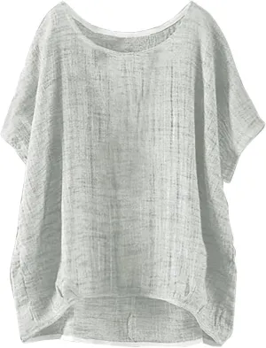 Summer Cotton Linen Shirts for Women Crewneck Short Sleeve Lightweight Tee Top Plus Size Loose Beach Vacation Blouses
