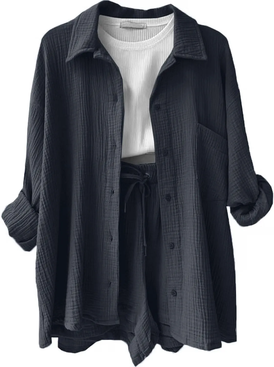 Summer Linen Two Piece Sets for Women Beach Vacation Lounge Sets Oversized Shirts and Shorts Travel Outfits Tracksuits