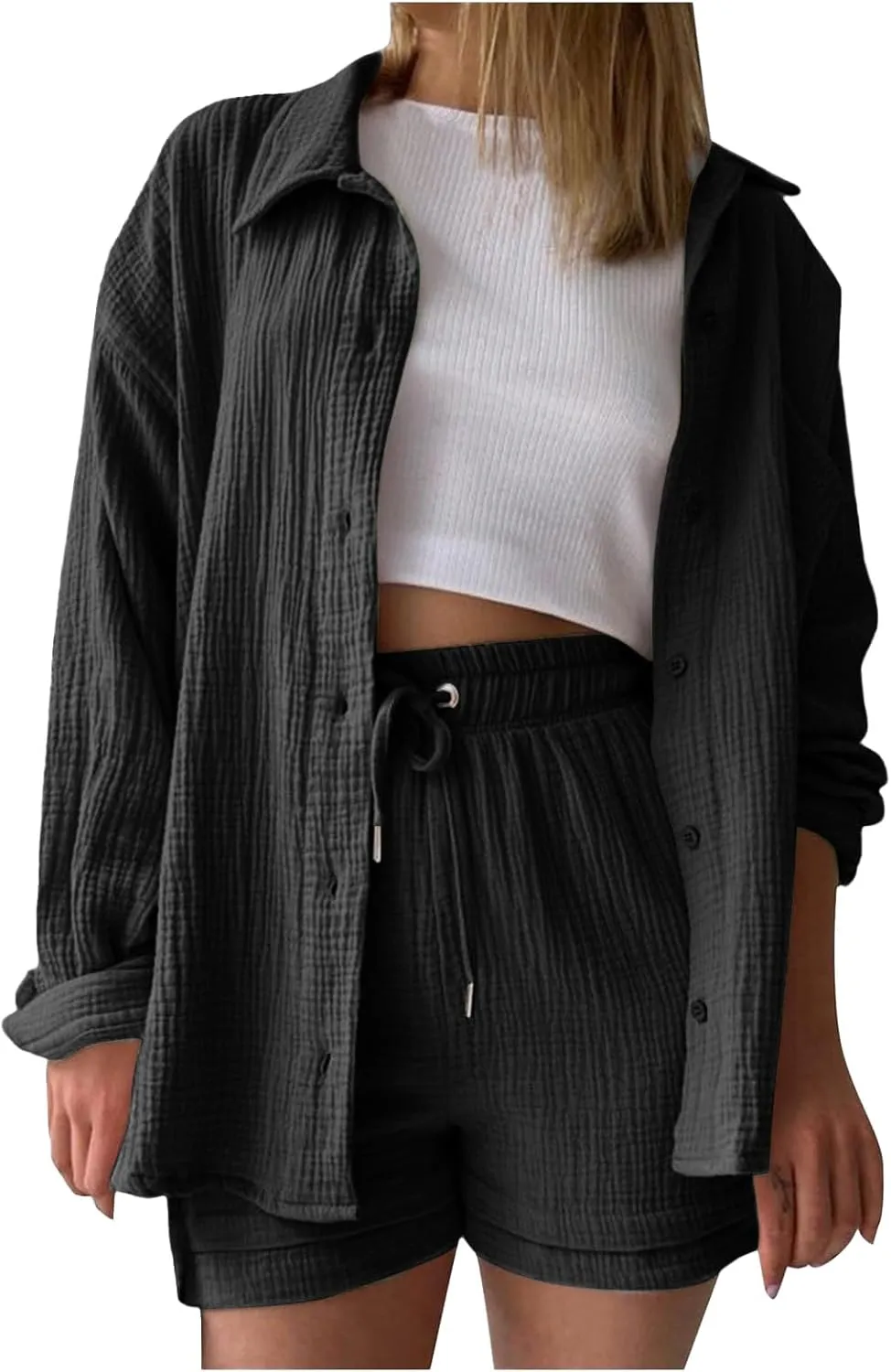 Summer Linen Two Piece Sets for Women Beach Vacation Lounge Sets Oversized Shirts and Shorts Travel Outfits Tracksuits