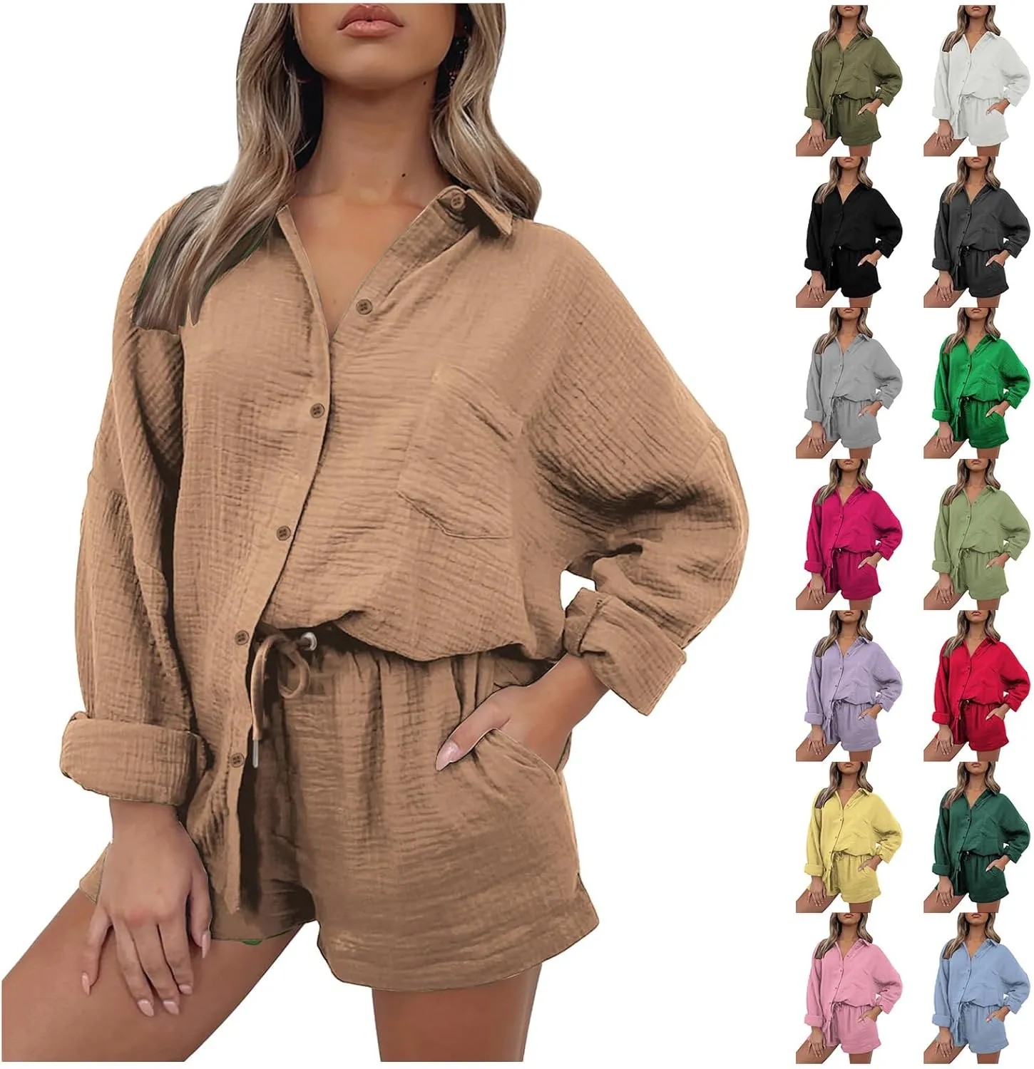 Summer Linen Two Piece Sets for Women Beach Vacation Lounge Sets Oversized Shirts and Shorts Travel Outfits Tracksuits
