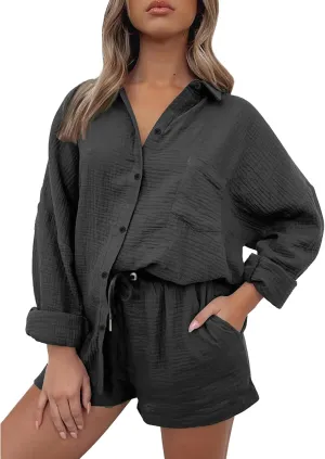 Summer Linen Two Piece Sets for Women Beach Vacation Lounge Sets Oversized Shirts and Shorts Travel Outfits Tracksuits