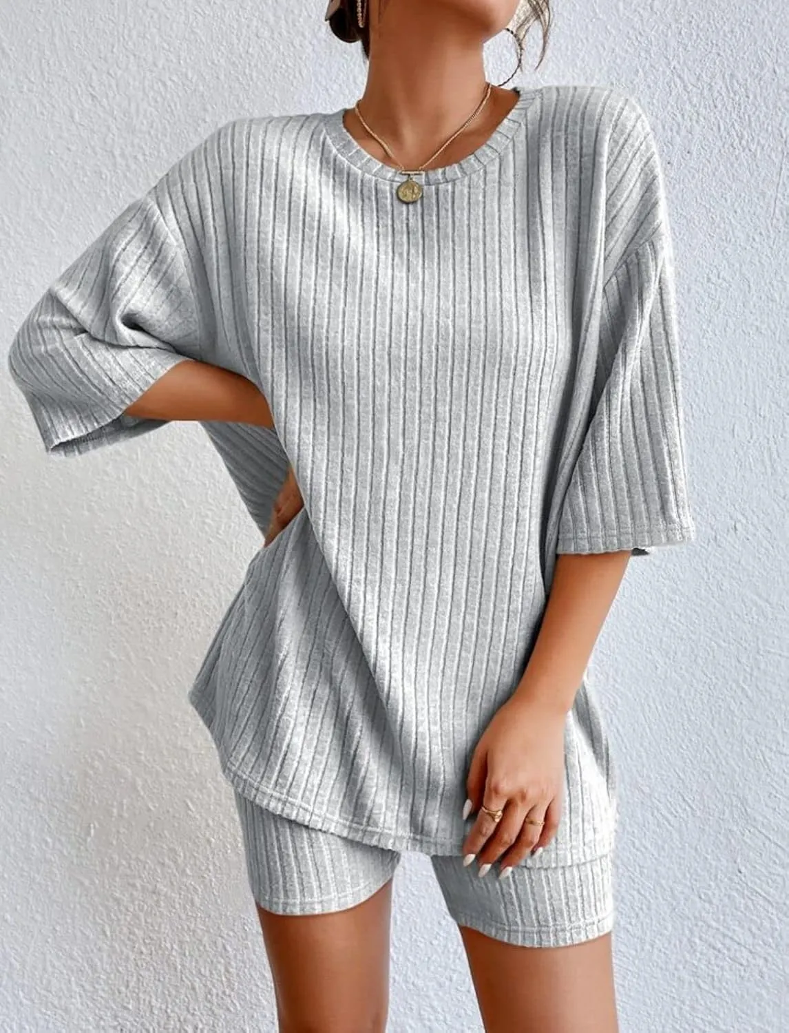 Summer Pajamas for Women Ribbed Knit Lounge Sets 2 Piece T-Shirt Biker Shorts Sleepwear Loungewear