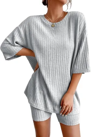 Summer Pajamas for Women Ribbed Knit Lounge Sets 2 Piece T-Shirt Biker Shorts Sleepwear Loungewear