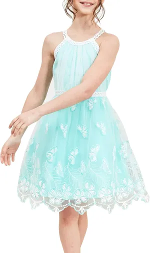 Sunny Fashion Girls Dress Turquoise Embroidered Halter Dress Party