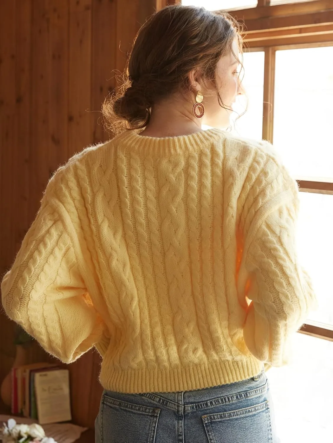 Sweater Womens Sweater Knit Mix Cable Knit Drop Shoulder Sweater (Color : Yellow, Size : Medium)