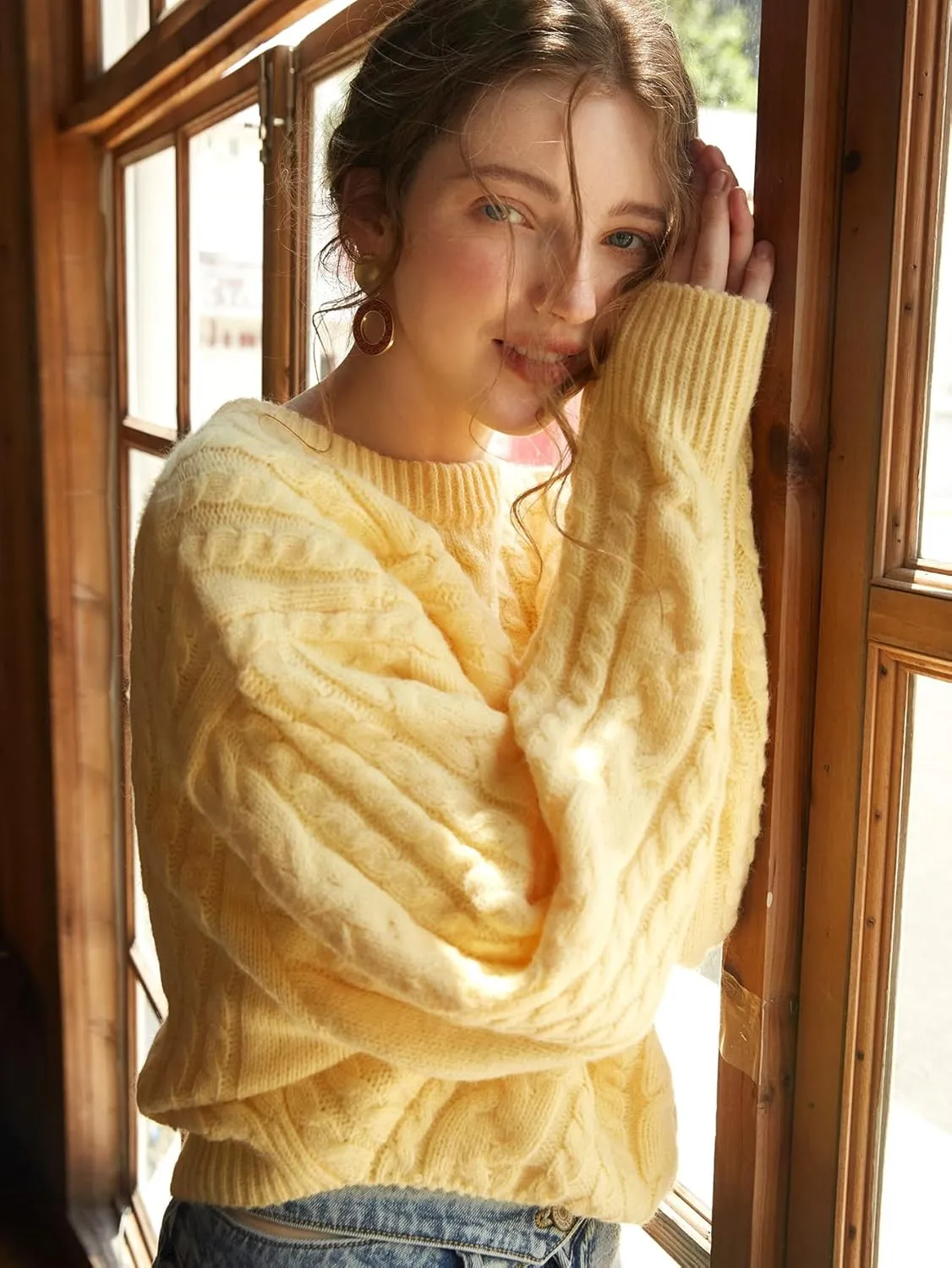 Sweater Womens Sweater Knit Mix Cable Knit Drop Shoulder Sweater (Color : Yellow, Size : Medium)