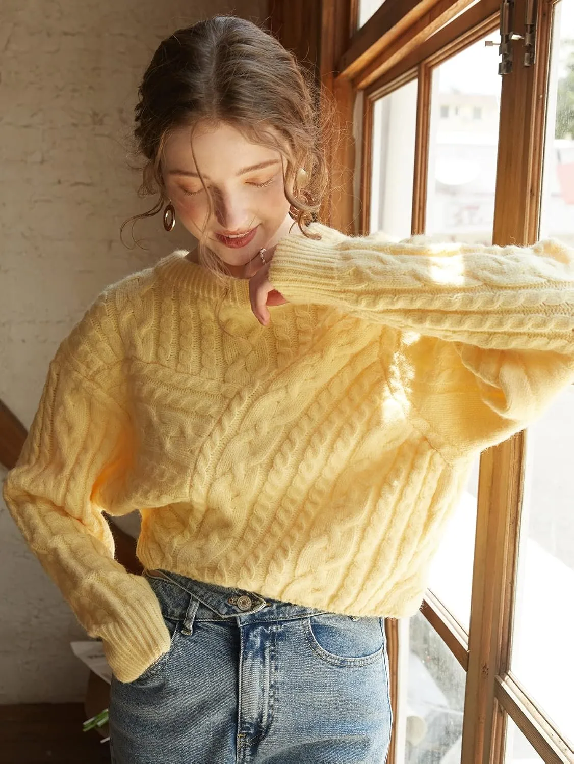 Sweater Womens Sweater Knit Mix Cable Knit Drop Shoulder Sweater (Color : Yellow, Size : Medium)