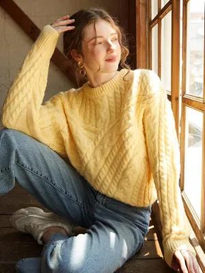 Sweater Womens Sweater Knit Mix Cable Knit Drop Shoulder Sweater (Color : Yellow, Size : Medium)