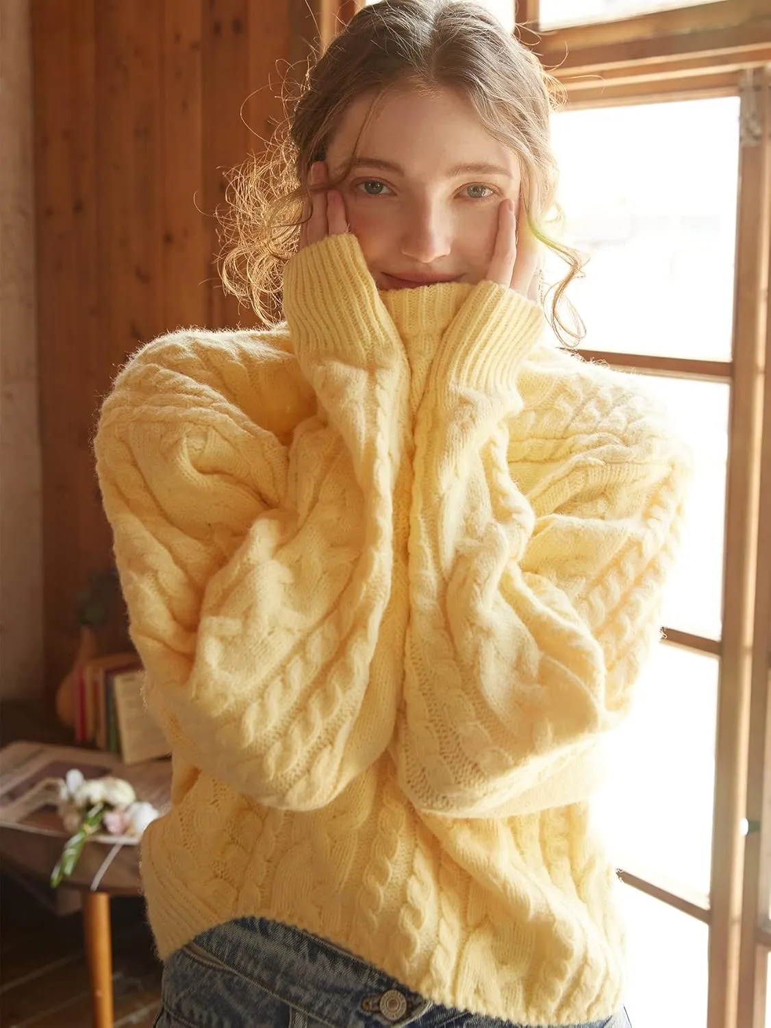 Sweater Womens Sweater Knit Mix Cable Knit Drop Shoulder Sweater (Color : Yellow, Size : Medium)