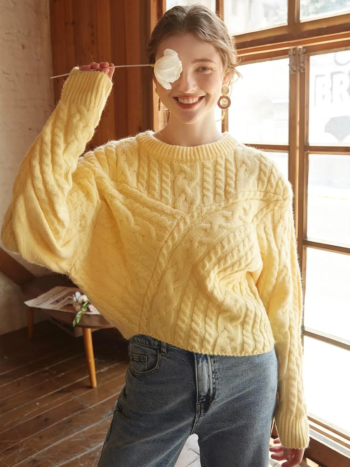 Sweater Womens Sweater Knit Mix Cable Knit Drop Shoulder Sweater (Color : Yellow, Size : Medium)