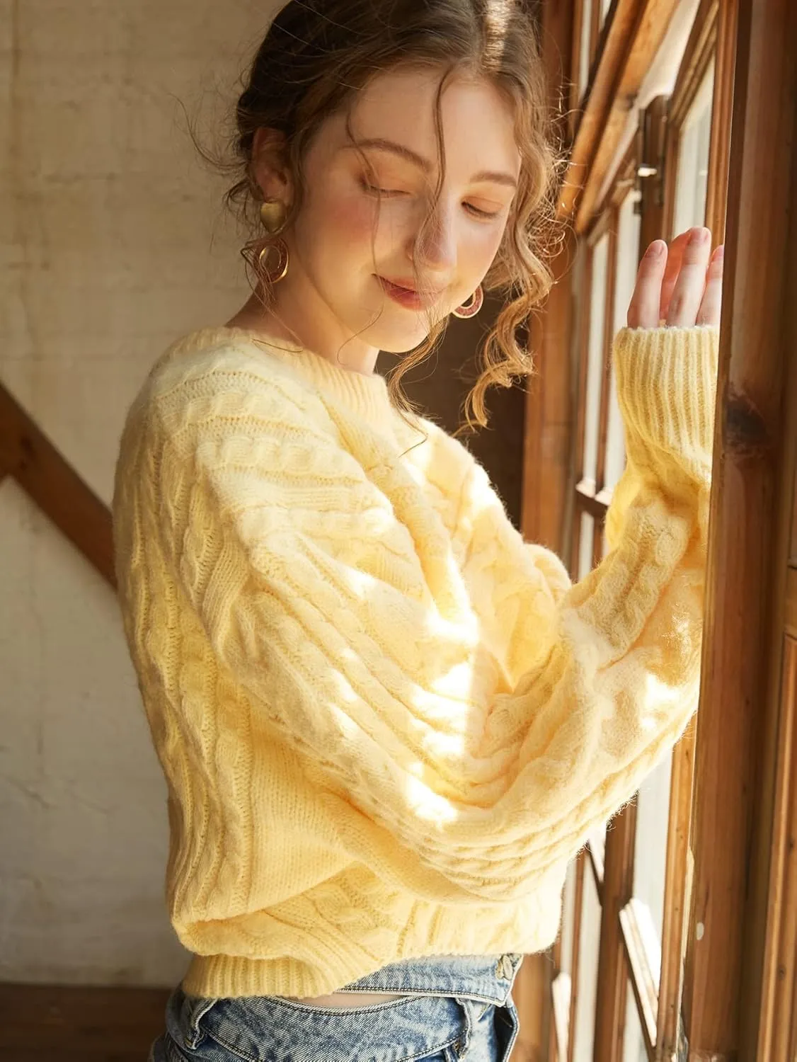 Sweater Womens Sweater Knit Mix Cable Knit Drop Shoulder Sweater (Color : Yellow, Size : Medium)