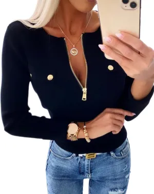 Sweaters for Women Crewneck Long Sleeve Knit Sweater Half Zipper Casual Pullover Knit Tops