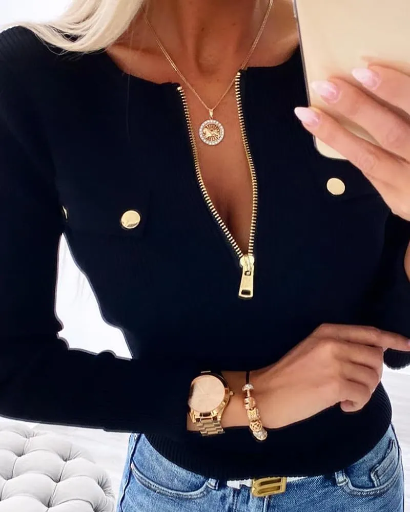 Sweaters for Women Crewneck Long Sleeve Knit Sweater Half Zipper Casual Pullover Knit Tops