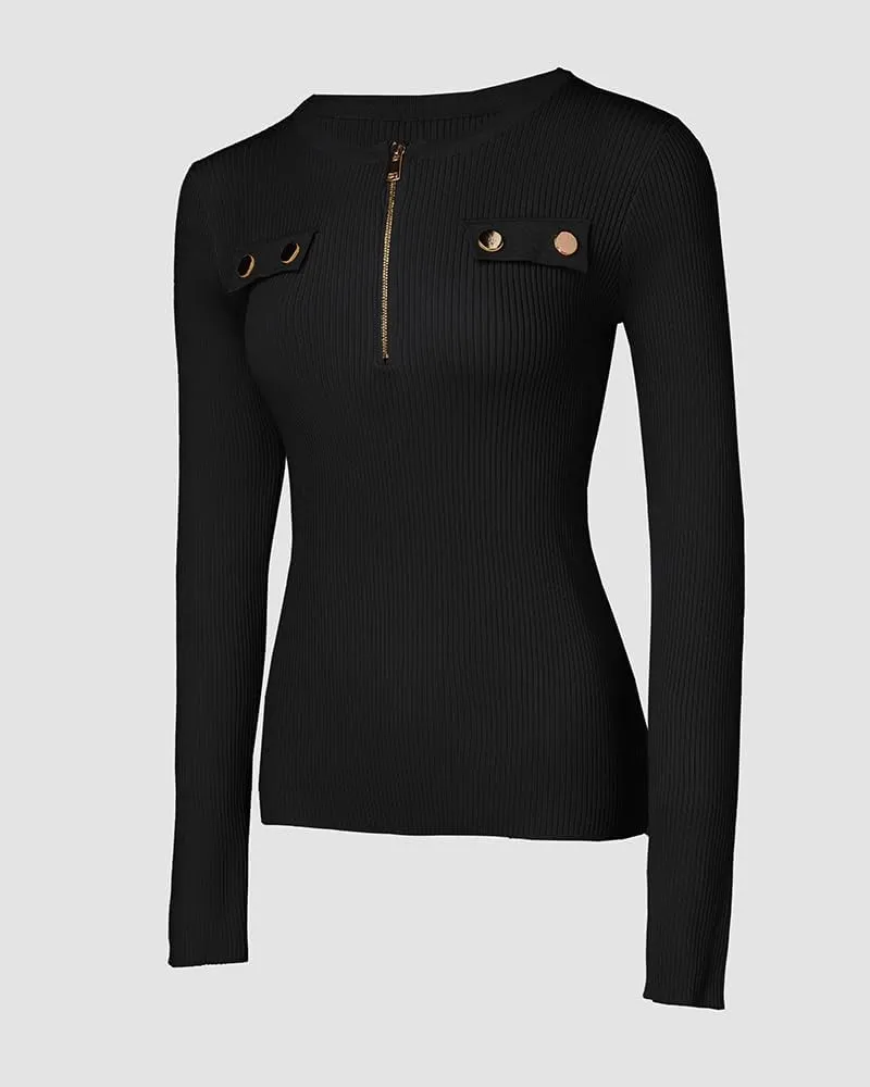 Sweaters for Women Crewneck Long Sleeve Knit Sweater Half Zipper Casual Pullover Knit Tops