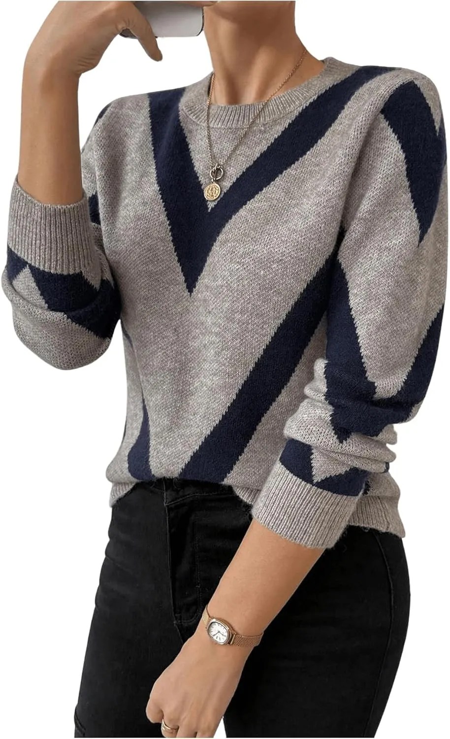 SweatyRocks Women's Patterned Fuzzy Knit Business Sweater Long Sleeve Chunky Loose Fit Pullover Top