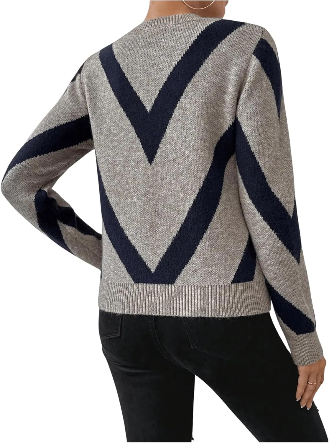 SweatyRocks Women's Patterned Fuzzy Knit Business Sweater Long Sleeve Chunky Loose Fit Pullover Top